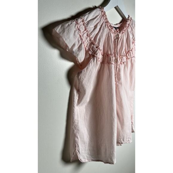 Madison Mathews Size M Cotton Flutter Sleeve Pink Smocked Boxy Button Up Blouse - Picture 4 of 8